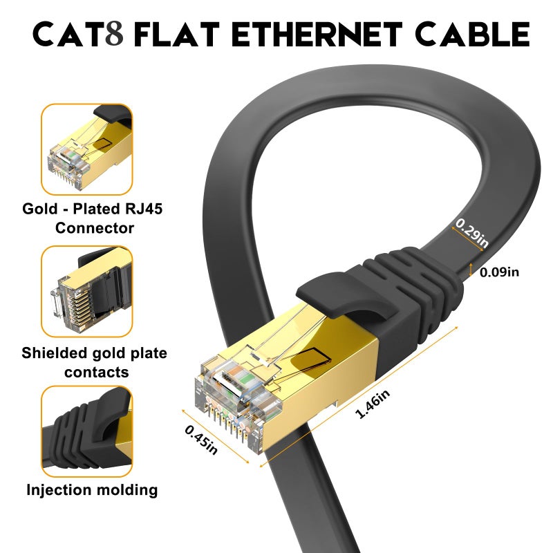 Ercielook Ethernet Cable 75 ft High Speed, CAT8 Shielded Flat Internet Cable with Clips, Faster Than Cat7 LAN Wire - Black 23 M - Image 3